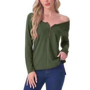 Long Sleeves Tees Shirts Zipper Up Pullover Solid Round Neck Pajama Green